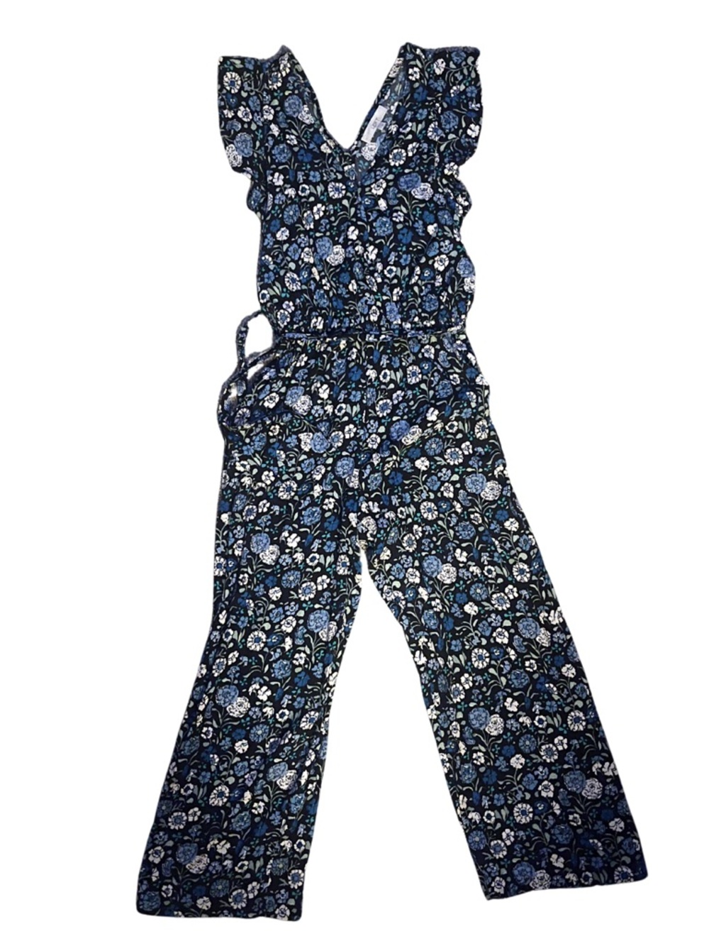 Loft Floral V-Neck Wide-Leg Jumpsuit in Blue | Size Small - Picture 2 of 12